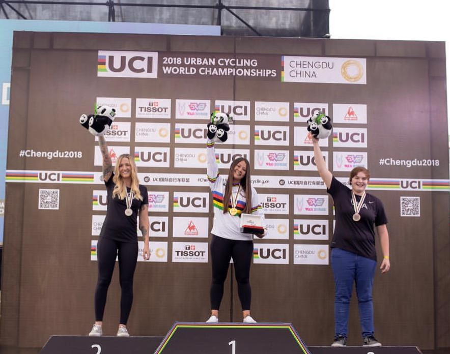 UCI Urban Cycling World Championship Women BMX Freestyle Podium: Angie Marino, Perris Benegas, Hannah Roberts grundbmx luxembourg bmx magazine