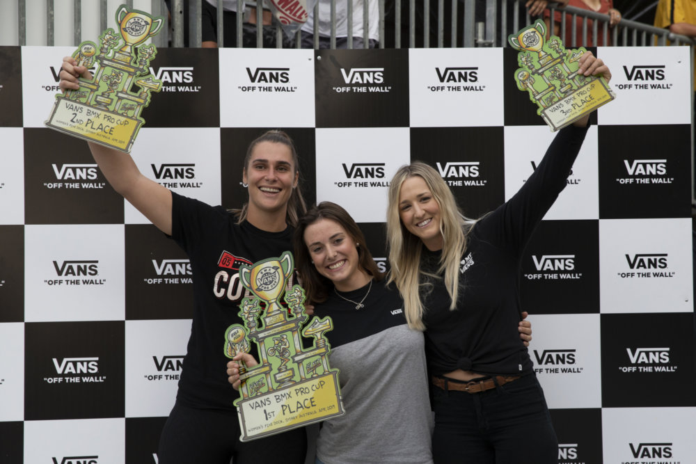 Femele BMX athletes celabrating victory in Sydney during the Vans Pro Cup 2019